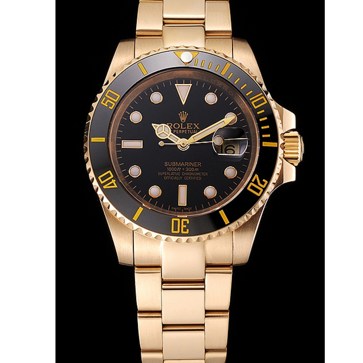 Aaa fake watches Gold Black Rolex Bracelet Yellow Submariner Black Swiss And Bezel Case Dial 0607